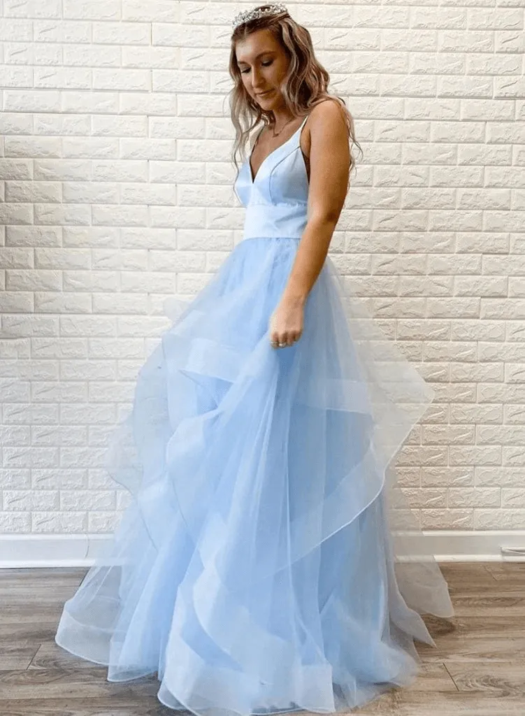 A Line Pink Tulle Long Prom Dresses With Ruffles Straps Evening Dresse TP1112