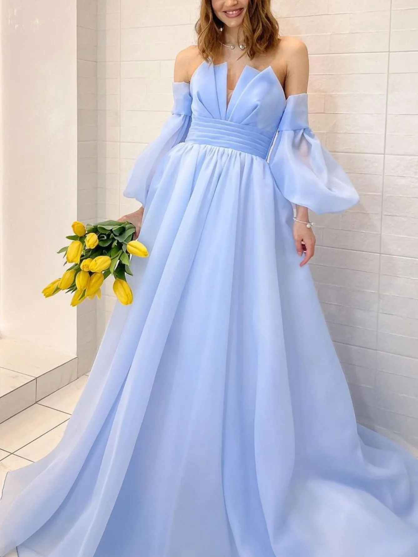 A line puff sleeves organza  blue long prom dress, blue formal dress