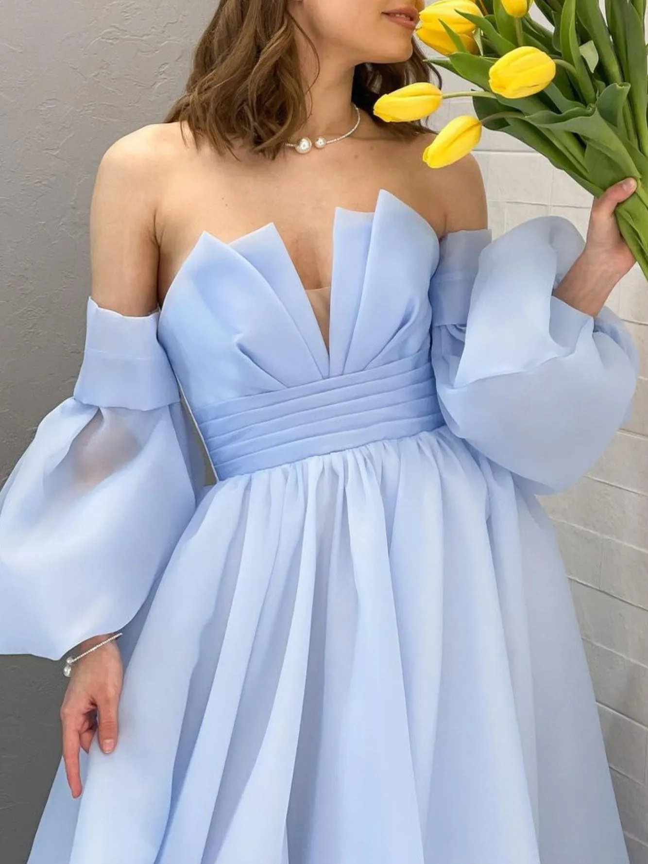 A line puff sleeves organza  blue long prom dress, blue formal dress
