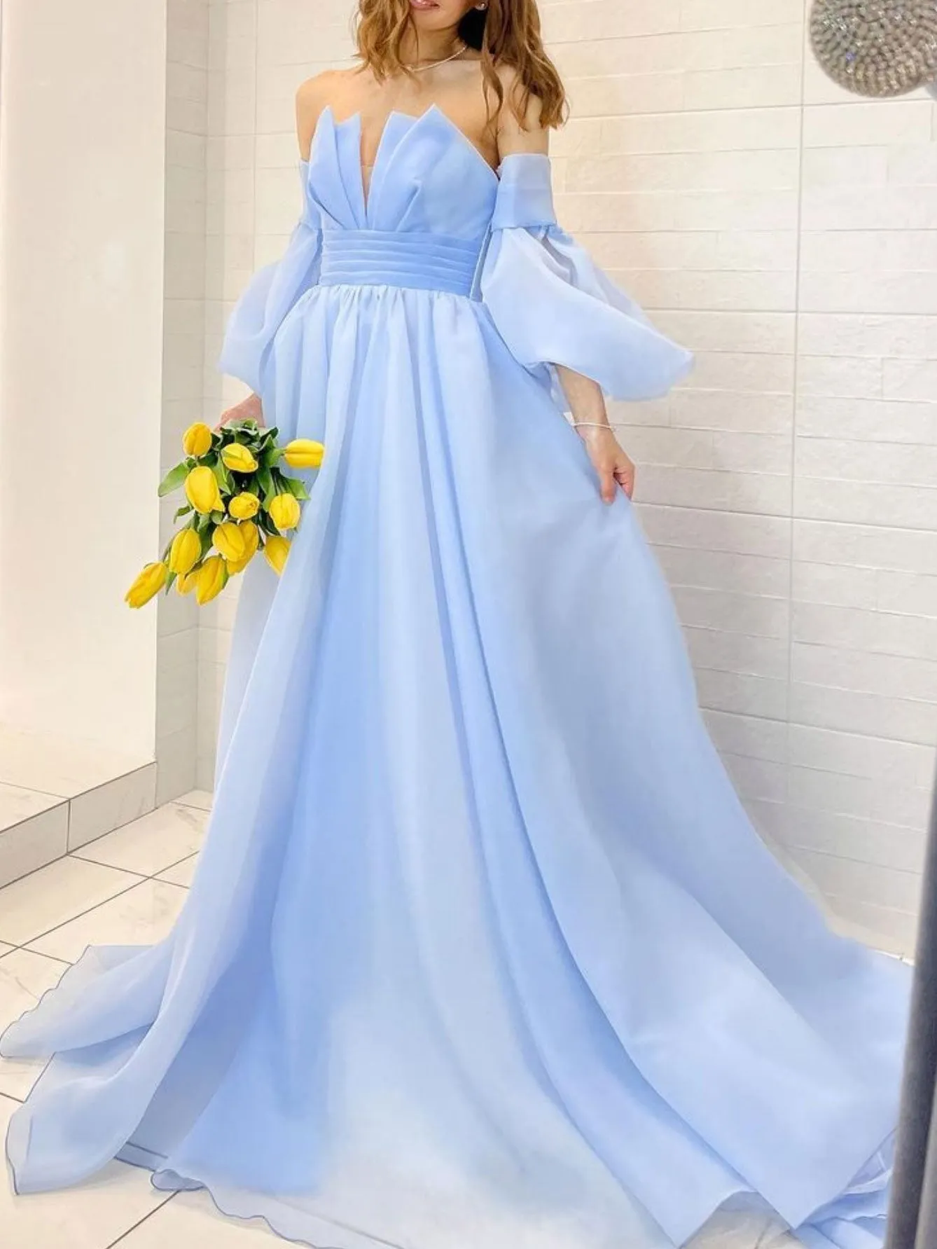 A line puff sleeves organza  blue long prom dress, blue formal dress