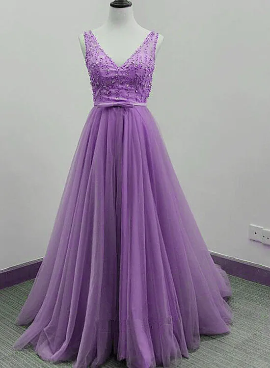 Beautiful Long Light Purple V-neckline Party Dress, Prom Dress