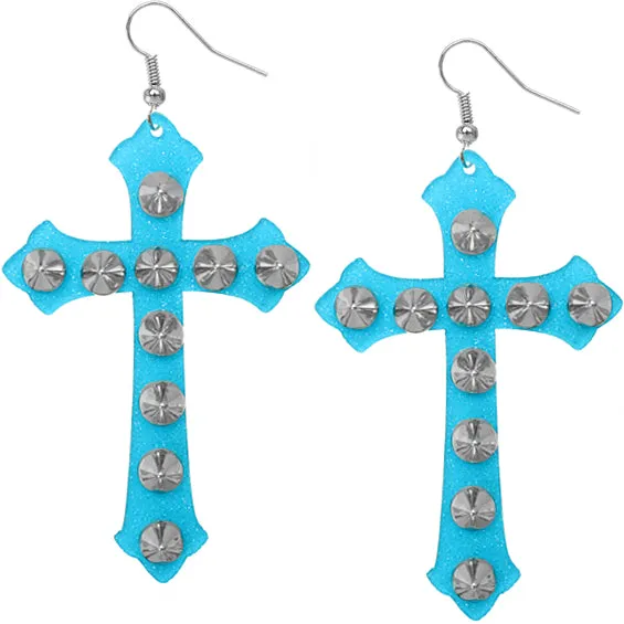 Blue Glitter Studded Cross Earrings