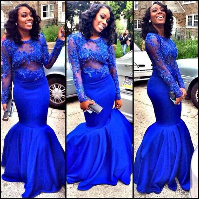 Blue Lace Prom Dresses,Long Sleeve Prom Dress, Evening Dress