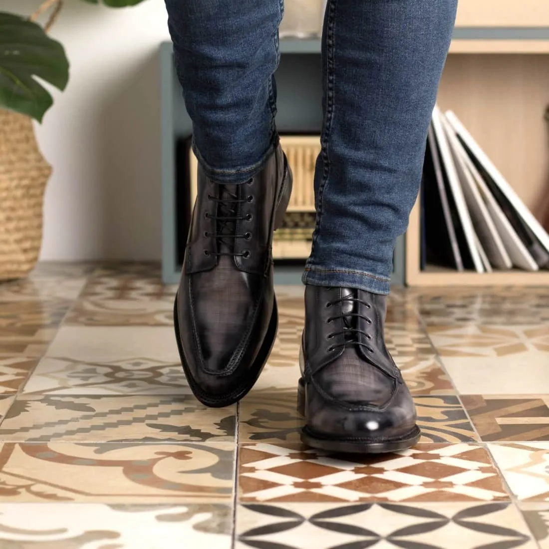 Bottines Derby Demi-Chasse en cuir patiné gris