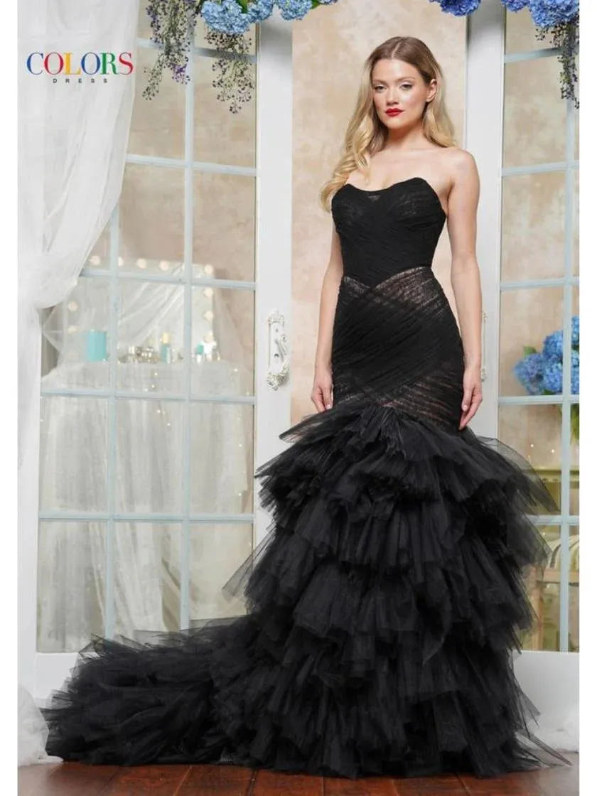Colors Dress 3631 Long Fitted Formal Mermaid Prom Dress Ruching Body Mermaid Gown
