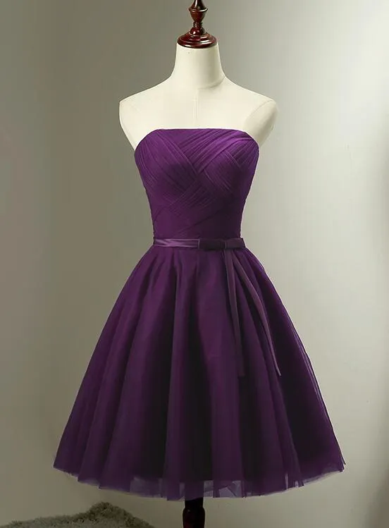 Cute Dark Purple Tulle Short Bridesmaid Dress, Tulle Party Dress, Short Formal Dress