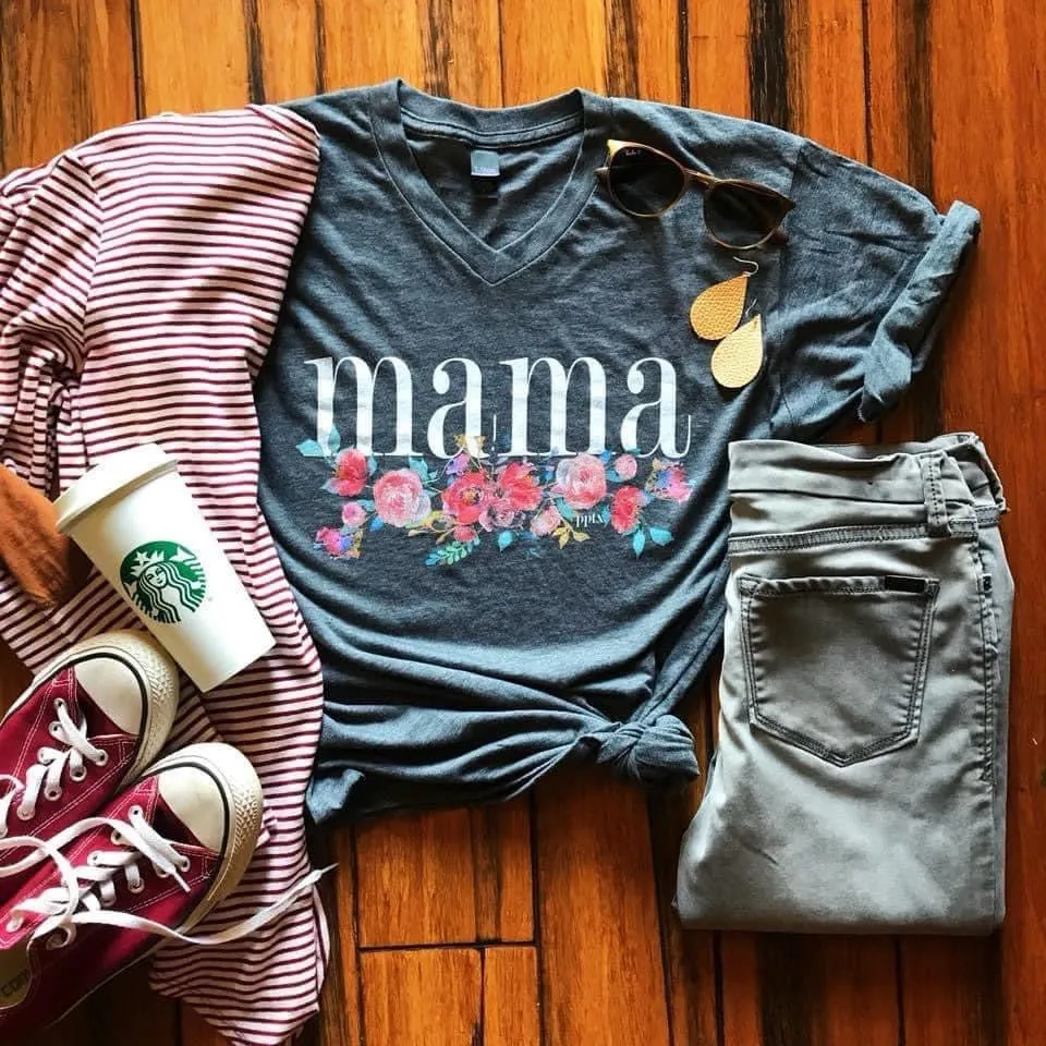 {FLORAL MAMA} Heather Navy V-Neck Tee
