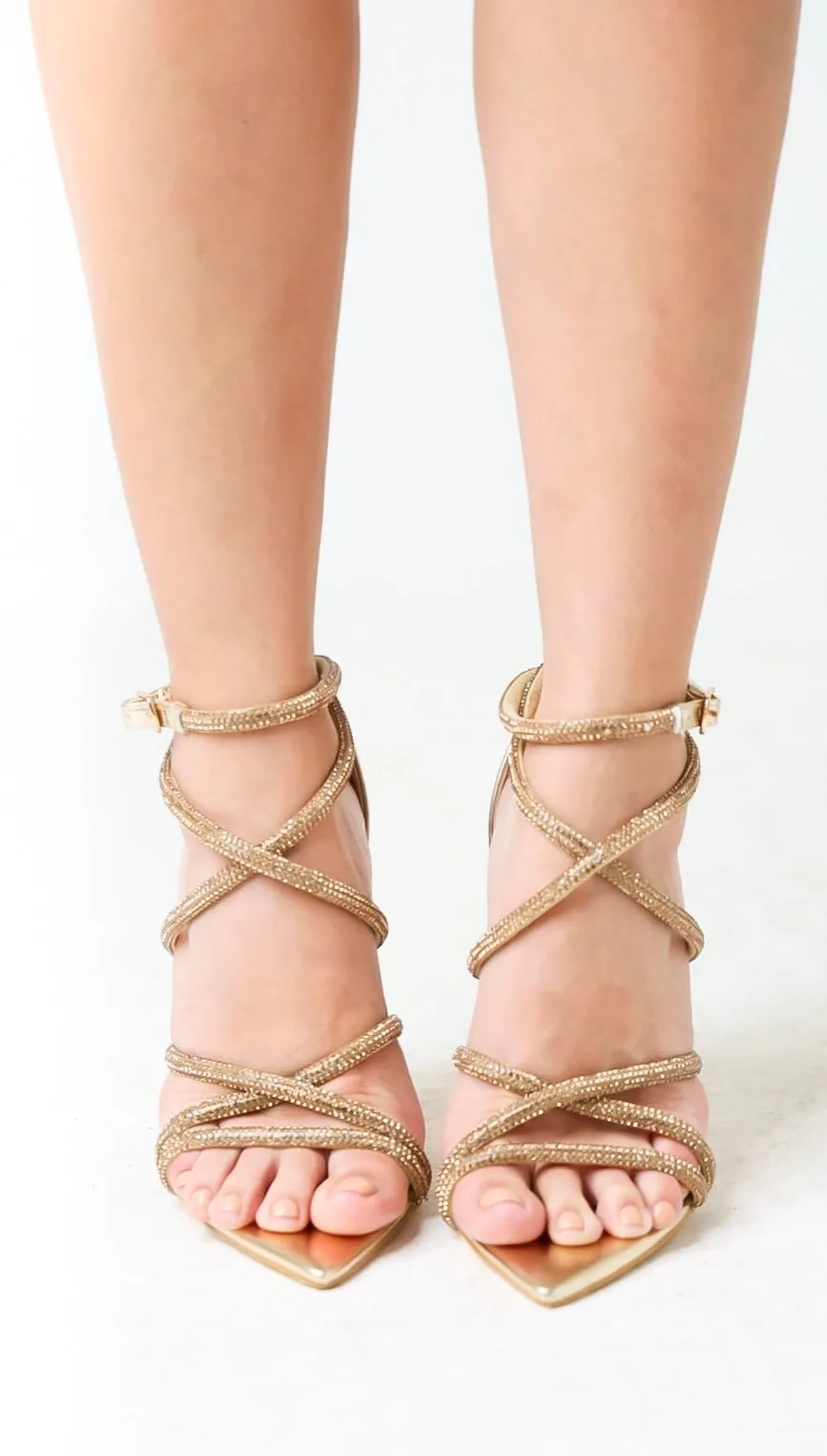 Golden Glam Rhinestones Strappy Heels