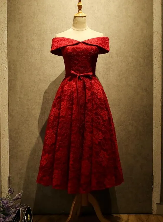 Gorgeous Red Lace Off Shoulder Tea Length Bridesmaid Dress, Red Party Dress