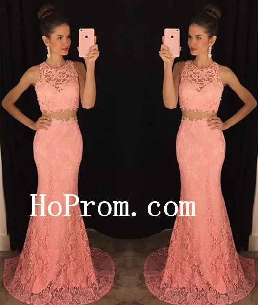 Lace Sleeveless Prom Dresses,Two Piece Prom Dress,Pink Evening Dress