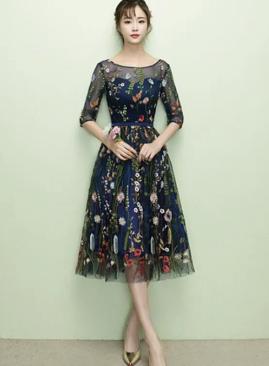 Lovely Navy Blue Lace Floral Knee Length Bridesmaid Dress, Blue Short Party Dress
