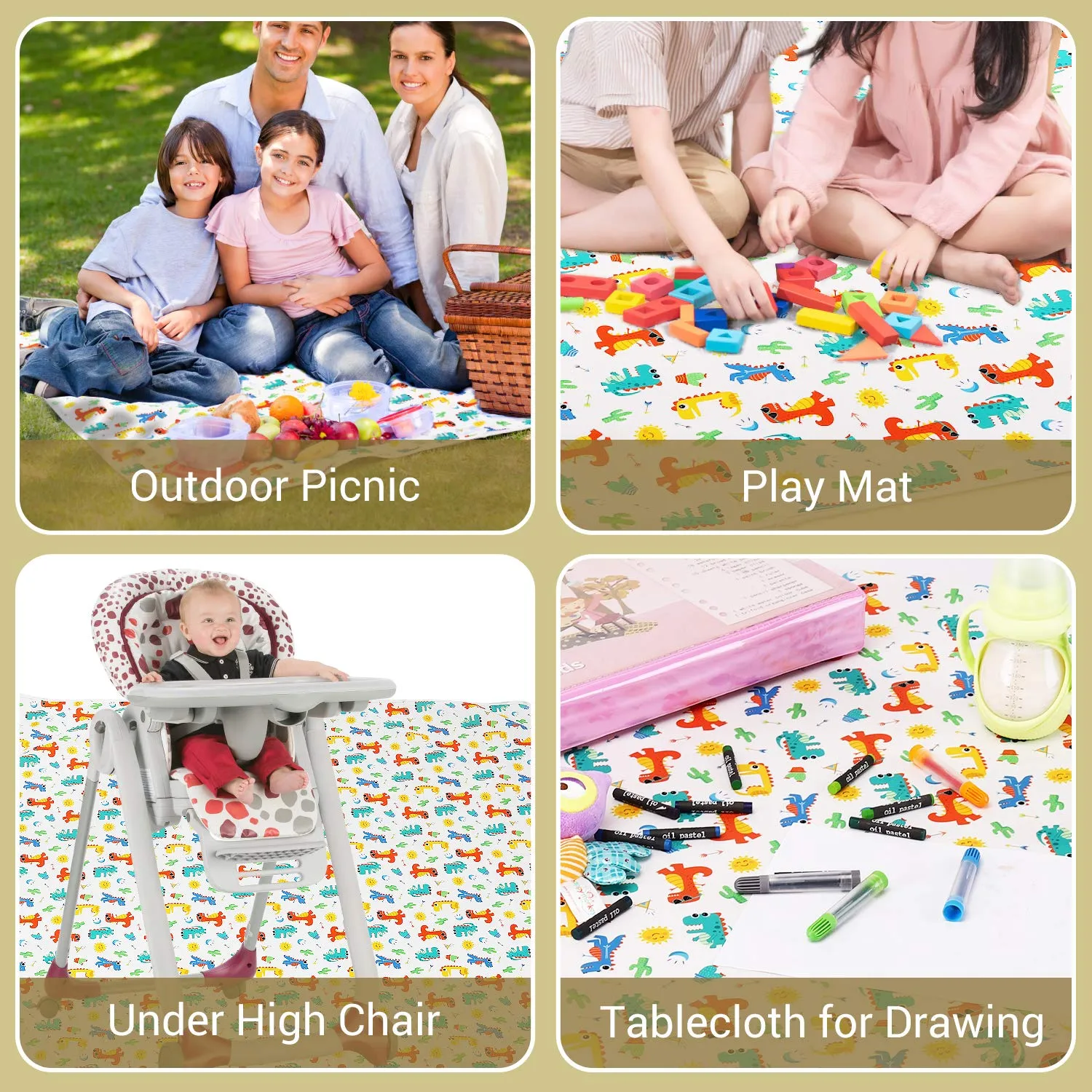 New Zooawa Baby Splat Mat, Anti-Slip Waterproof Splash Spill Floor Mat Under Highchairs, Machine Washable Multi-Purpose Play Picnic Mat & Arts Crafts Drawing Table Cloth for Baby Toddler, Dinosaur