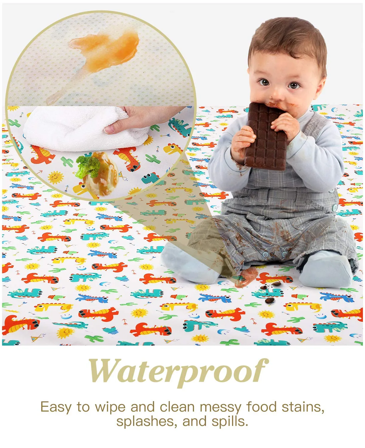 New Zooawa Baby Splat Mat, Anti-Slip Waterproof Splash Spill Floor Mat Under Highchairs, Machine Washable Multi-Purpose Play Picnic Mat & Arts Crafts Drawing Table Cloth for Baby Toddler, Dinosaur