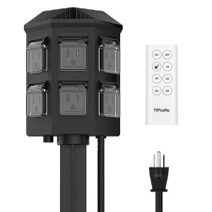 Outdoor Power Stake Timer, 100FT Range Remote Control, TiFFCOFiO, Dusk to Dawn Sensor Light Timer, 6FT Extension Cord Waterproof, 6 Grounded Outlets for Outdoor Decorations, ETL Listed