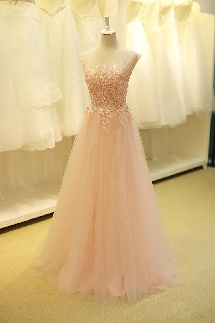 Pink Tulle Long Prom Dress with Applique 2019, Long Party Dresses