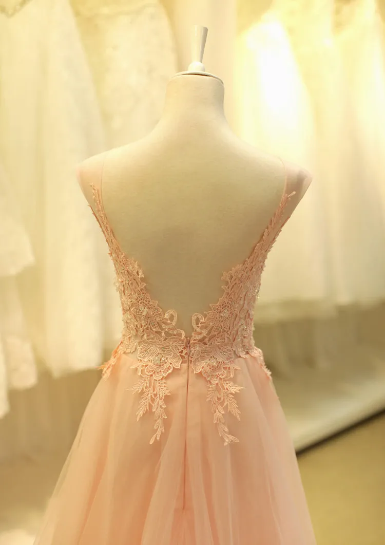 Pink Tulle Long Prom Dress with Applique 2019, Long Party Dresses