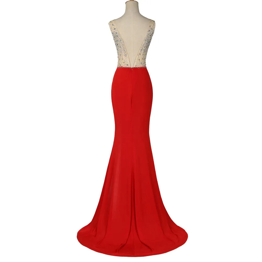 Red Sleeveless Prom Dresses,V-Neck Prom Dress,Evening Dress