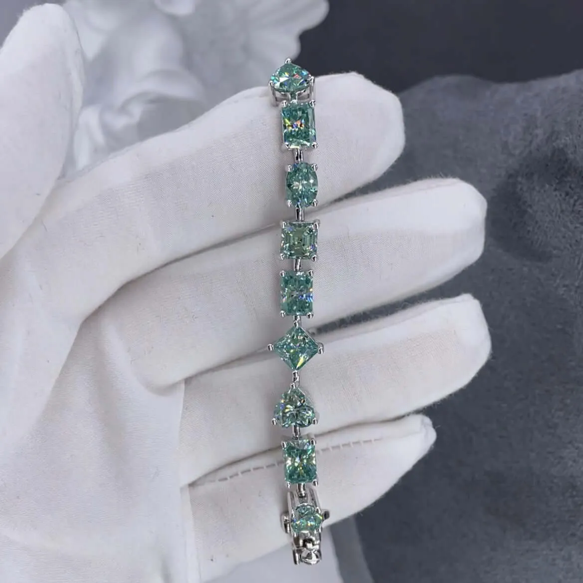 Shaped Square Heart Emerald Oval Silver Tennis Bracelet