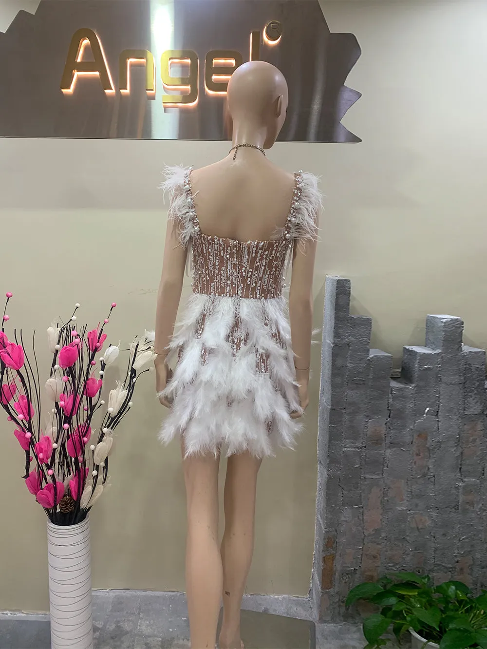 Strappy Sleeveless Feather Mini Bodycon Dress HT932