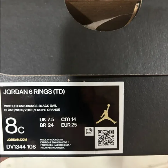 TD Size 8-10C Air Jordan 6 Rings Basketball Shoes DV1344-108 White Orange Black