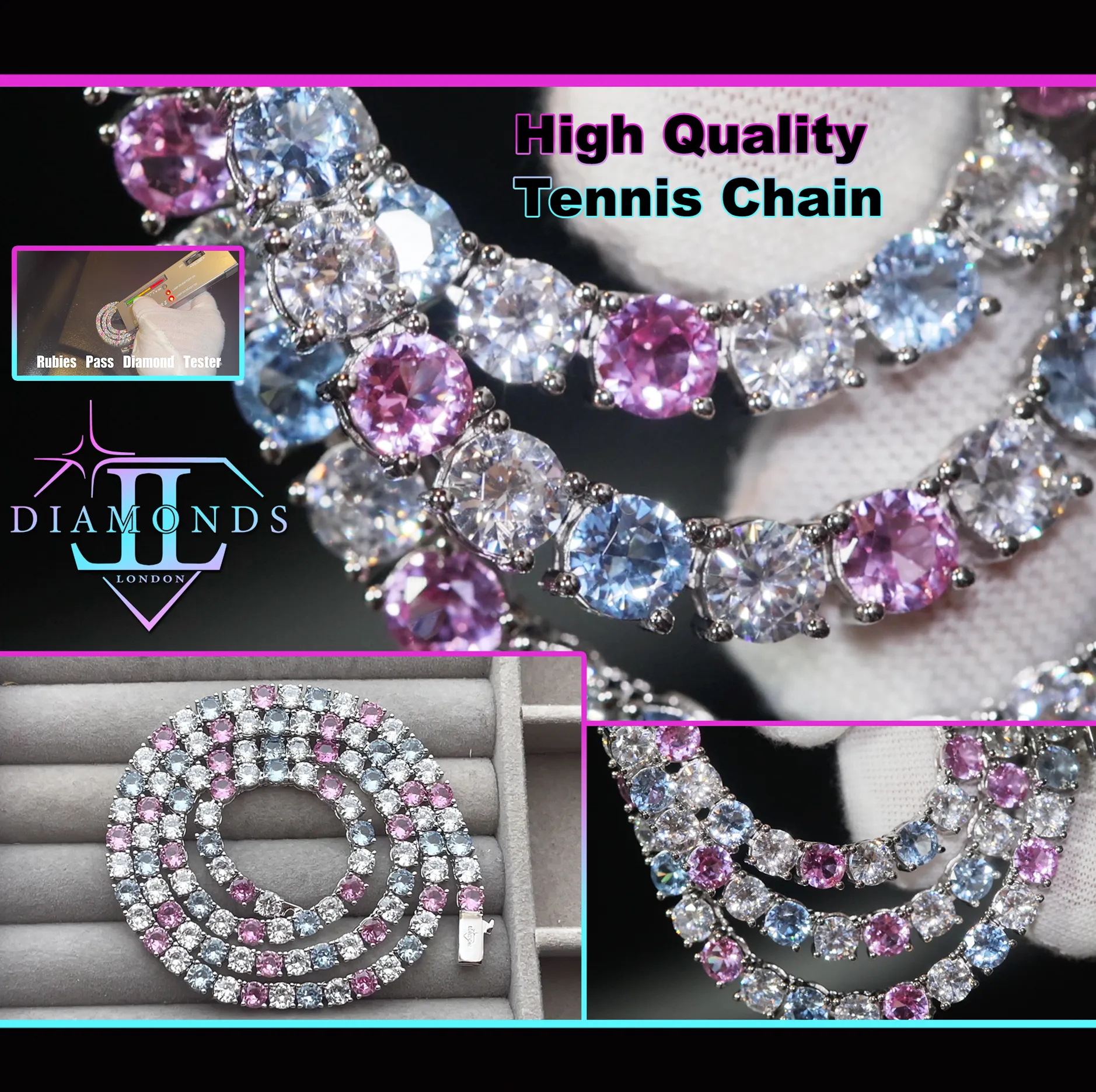 Tennis Chain | Pink and Blue Diamond Tennis Chain | Lab Diamond Tennis Chain