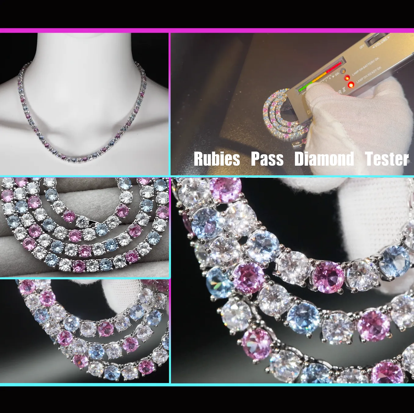 Tennis Chain | Pink and Blue Diamond Tennis Chain | Lab Diamond Tennis Chain