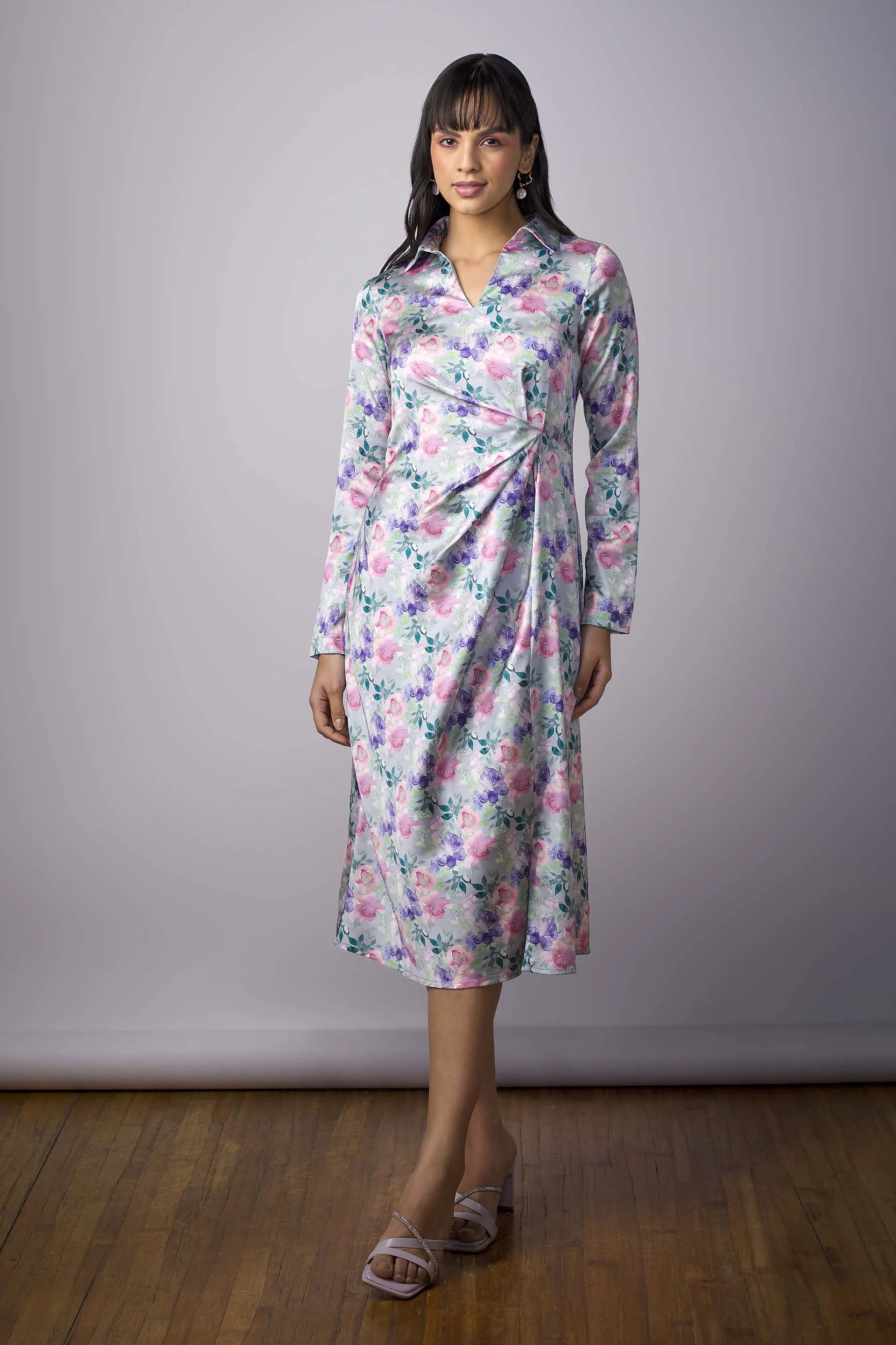 Toni Floral Draped A-Line Dress - Multicolor