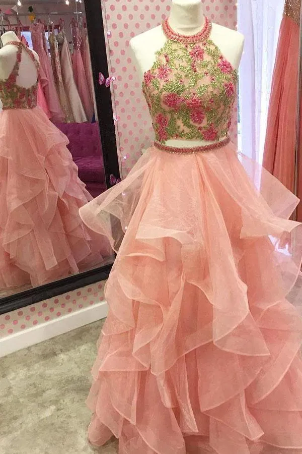 Two Piece Round Neck Tiered Orange Prom Dress with Appliques PG454